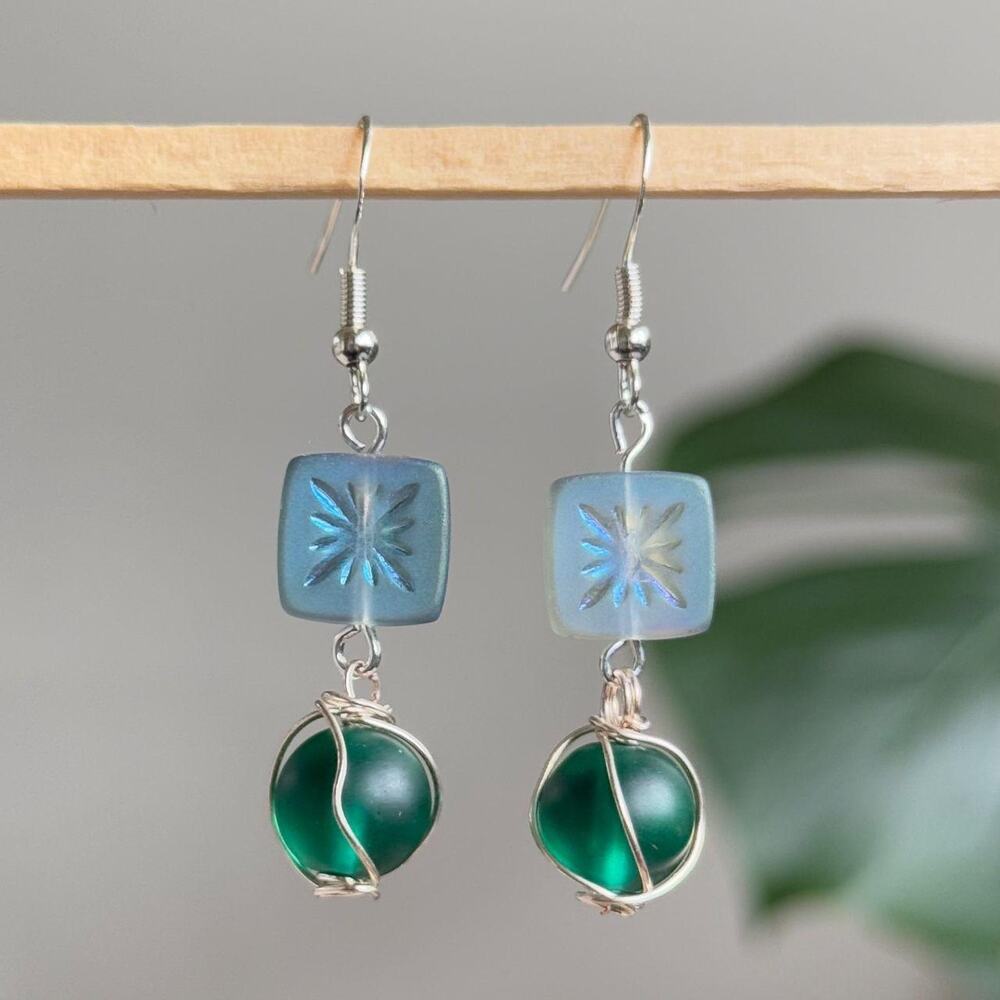 handmade earrings with blue czech squares and wire-wrapped green round beads